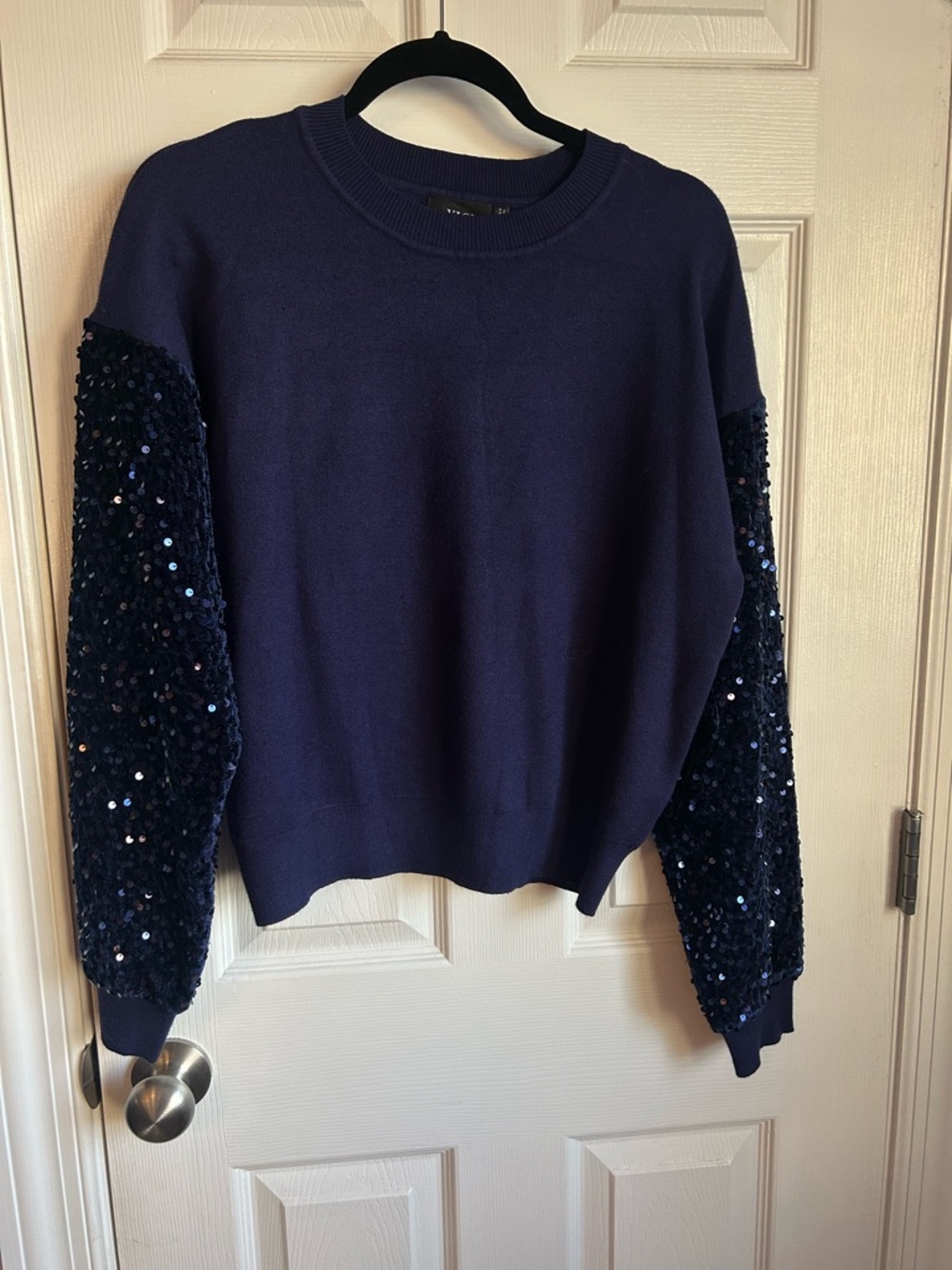 Vici Navy Sequin Sleeve Crewneck Sweater